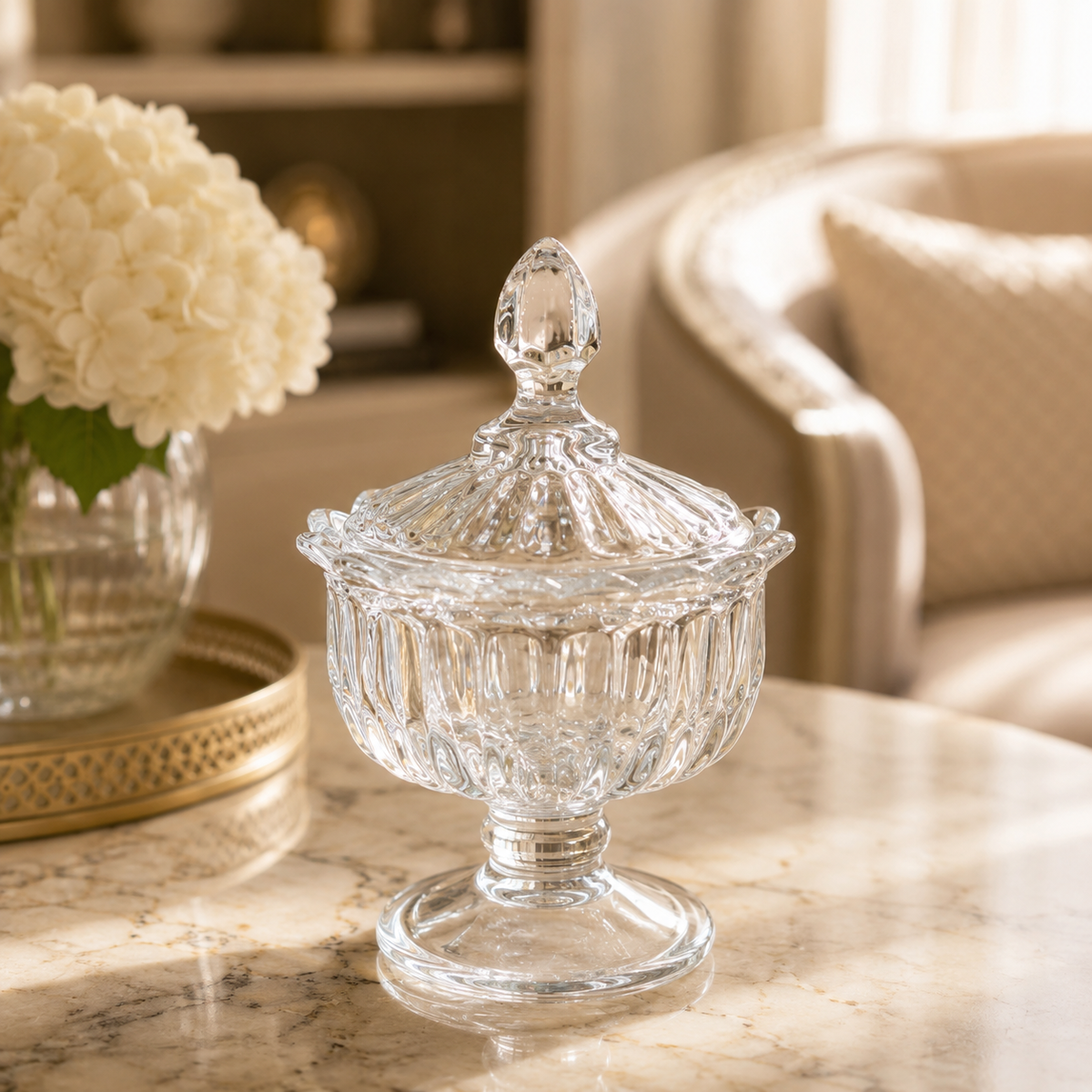 Clear Glass Candy Jar with Lid – Decorative Footed Storage Bowl