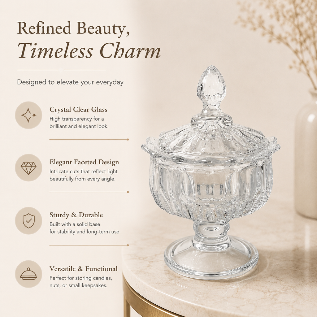 Clear Glass Candy Jar with Lid – Decorative Footed Storage Bowl