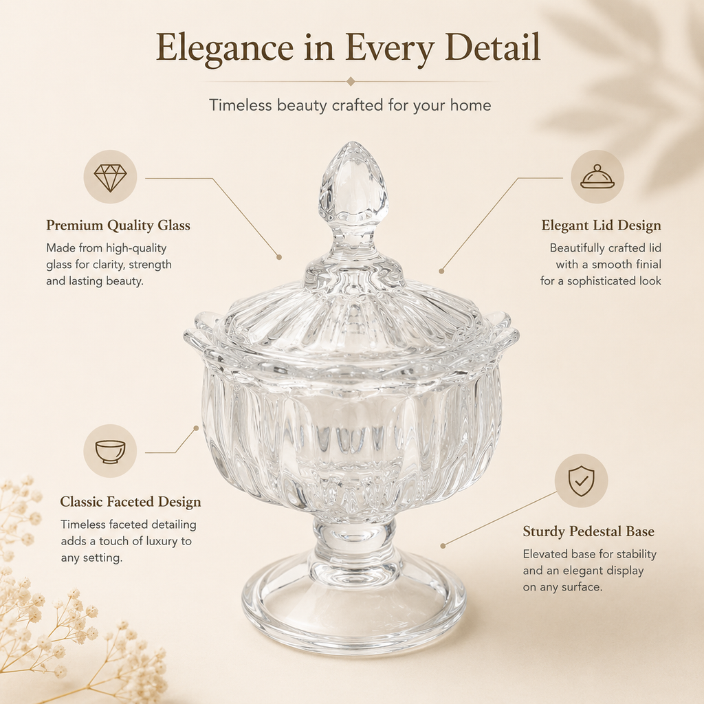 Clear Glass Candy Jar with Lid – Decorative Footed Storage Bowl