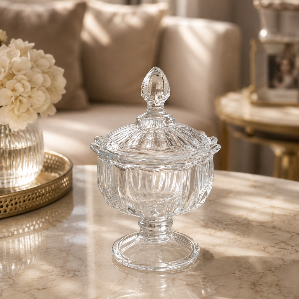 Clear Glass Candy Jar with Lid – Decorative Footed Storage Bowl