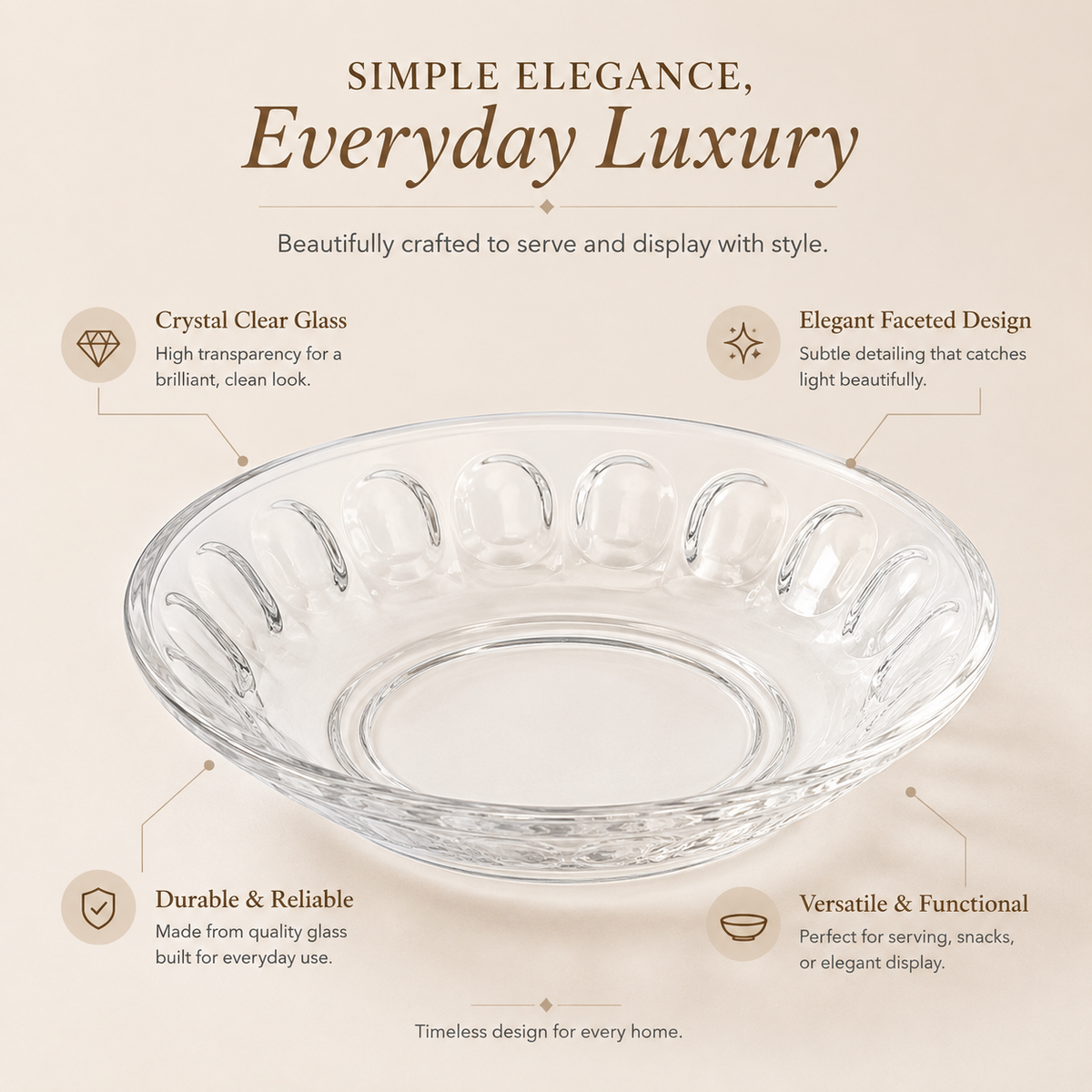 Clear Glass Decorative Serving Bowl – Elegant Floral Design