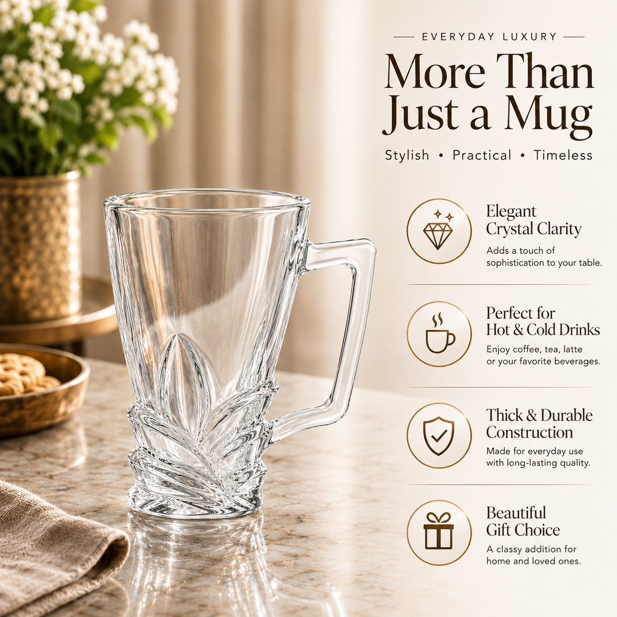 Elegant Crystal Glass Mug with Decorative Leaf Base