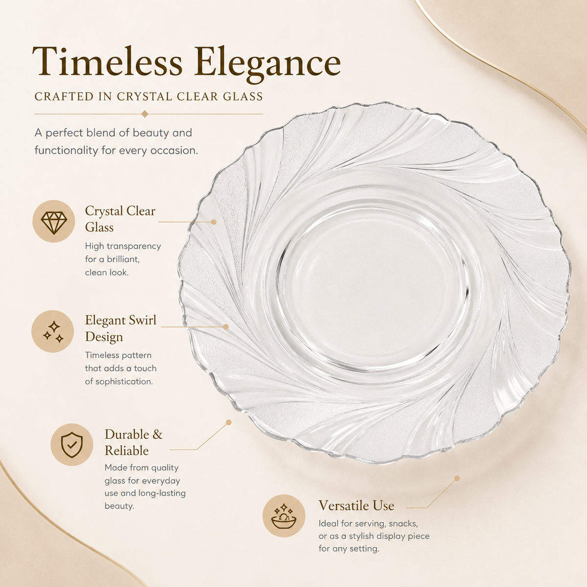 Clear Glass Serving Plate – Elegant Swirl Design Dinner Plate
