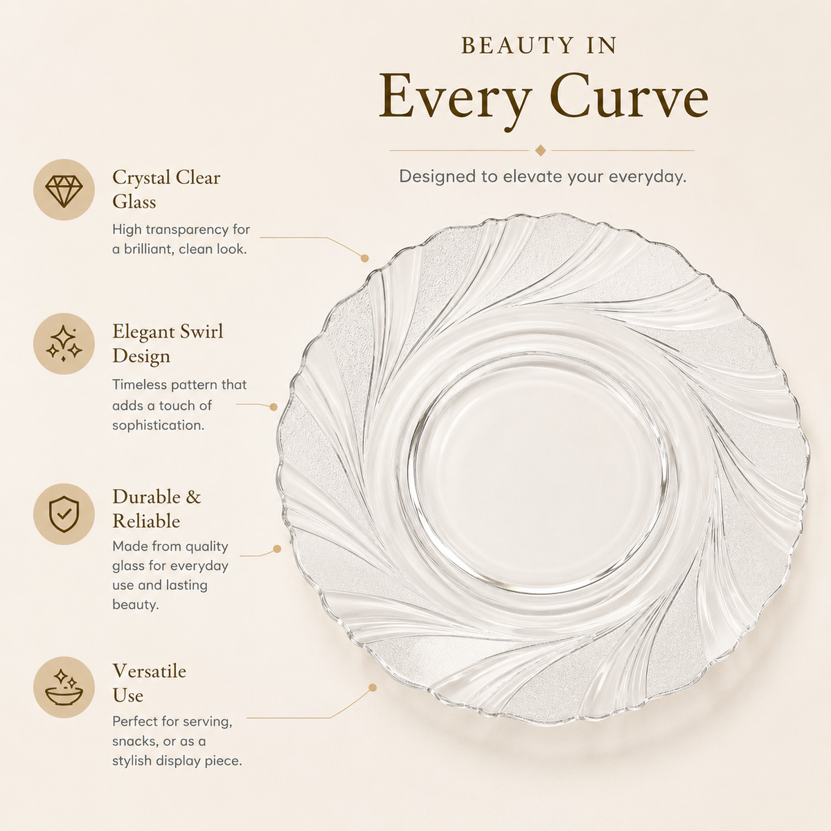 Clear Glass Serving Plate – Elegant Swirl Design Dinner Plate