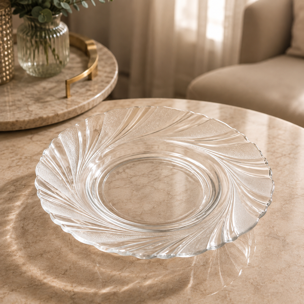 Clear Glass Serving Plate – Elegant Swirl Design Dinner Plate