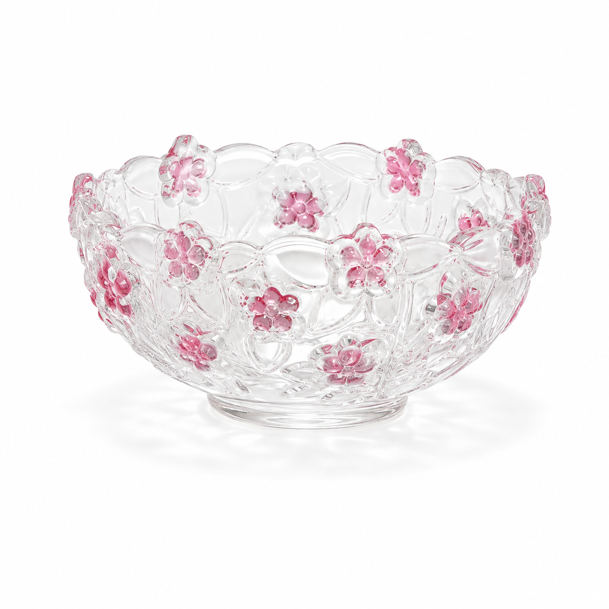 Clear Glass Floral Bowl with Pink Flower Design – Decorative