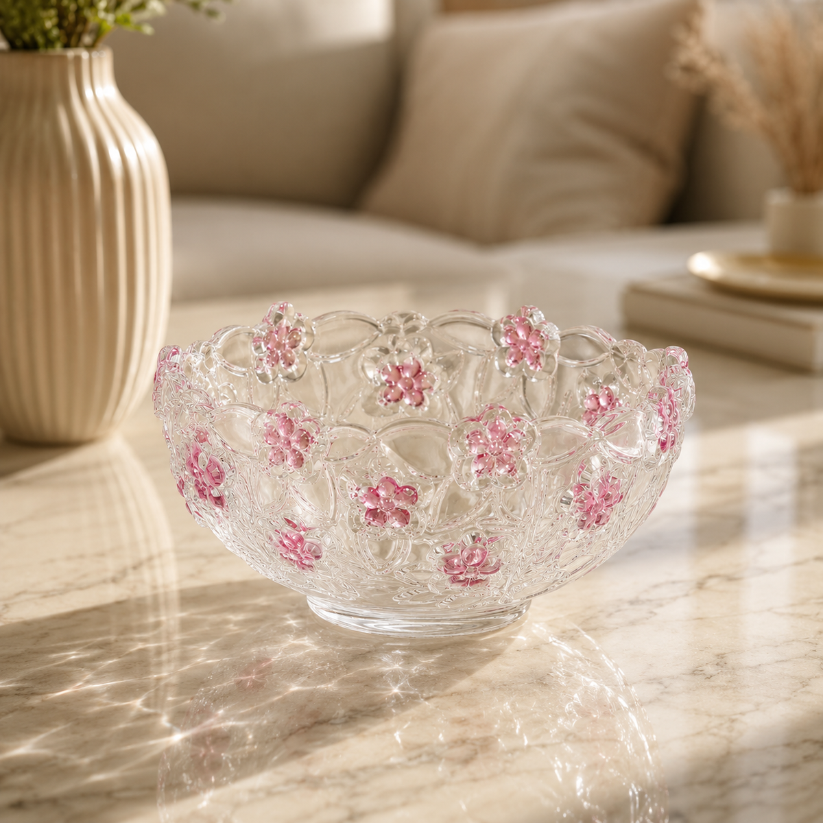 Clear Glass Floral Bowl with Pink Flower Design – Decorative