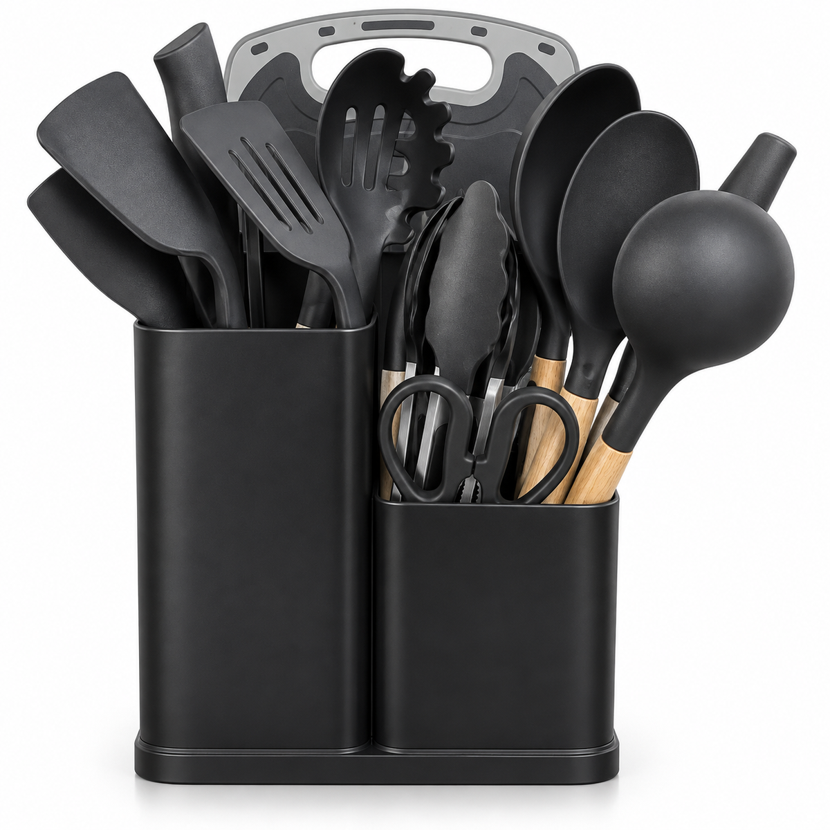 Luxury Black Kitchen Utensil Set with Dual Storage Holder & Wooden Handles