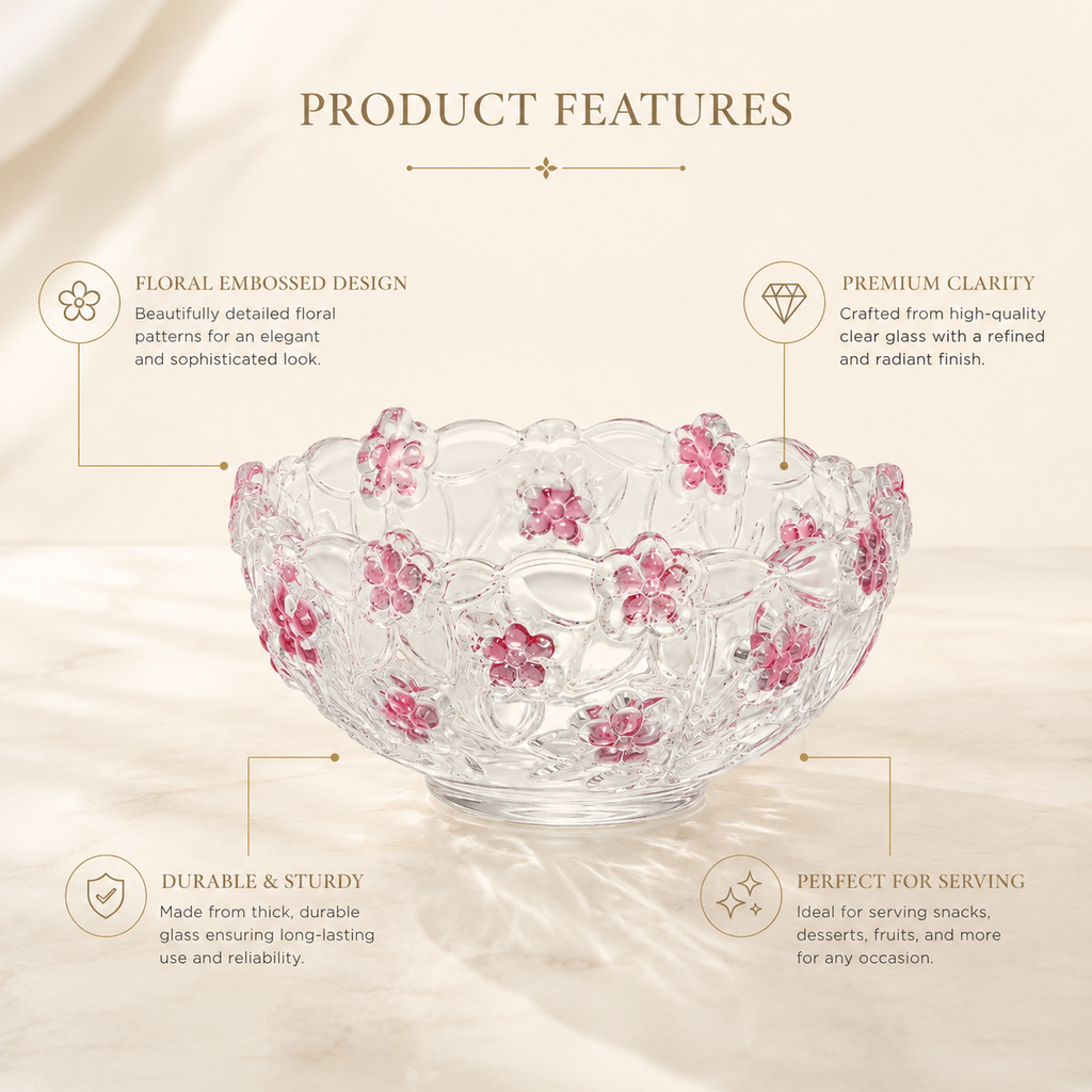 Clear Glass Floral Bowl with Pink Flower Design – Decorative