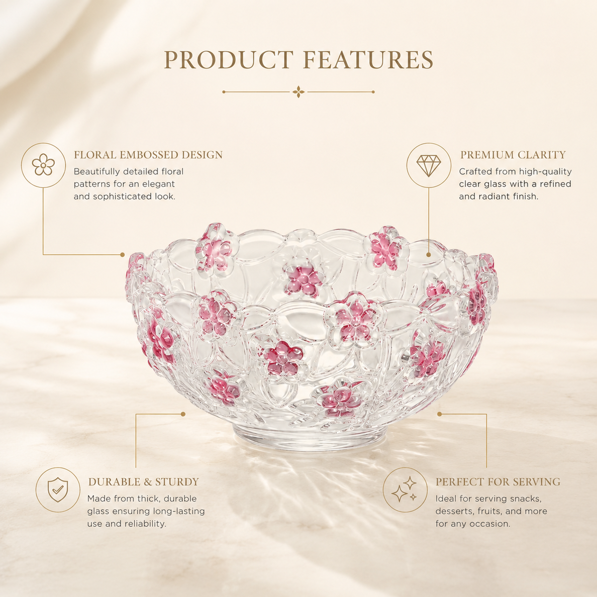 Clear Glass Floral Bowl with Pink Flower Design – Decorative