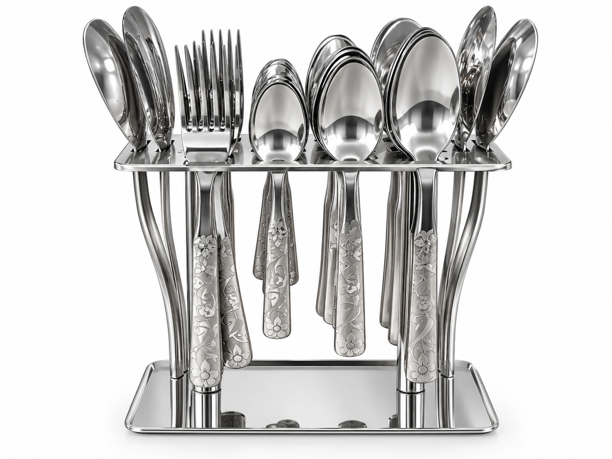 Luxury Stainless Steel Cutlery Set with Floral Handles & Elegant Utensil Holder