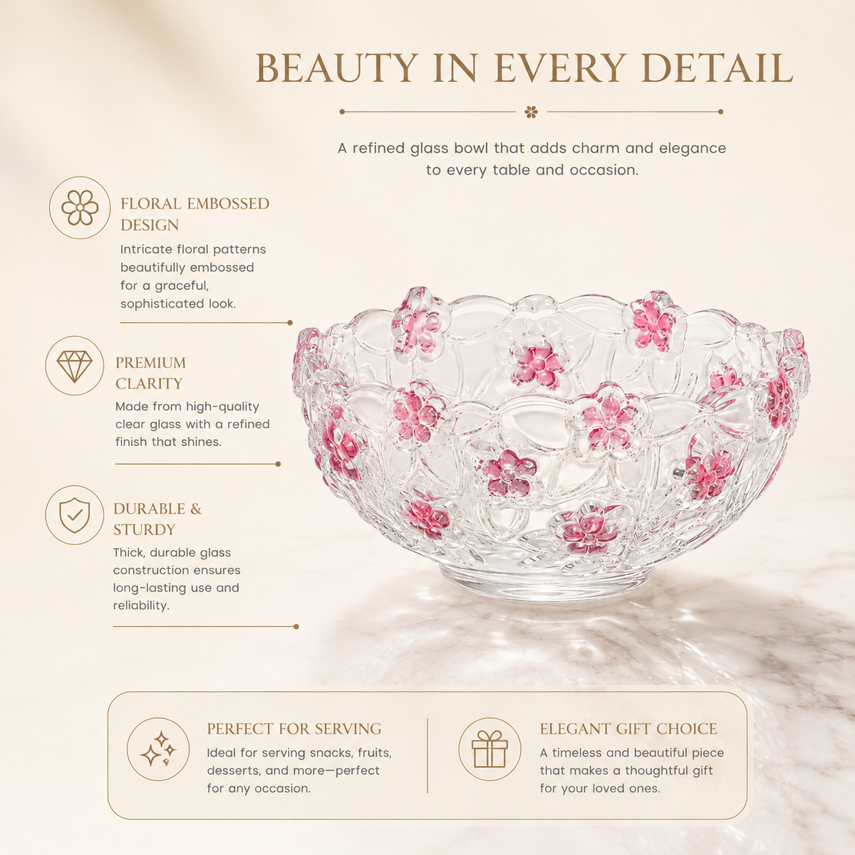 Clear Glass Floral Bowl with Pink Flower Design – Decorative