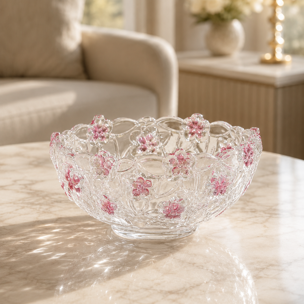 Clear Glass Floral Bowl with Pink Flower Design – Decorative