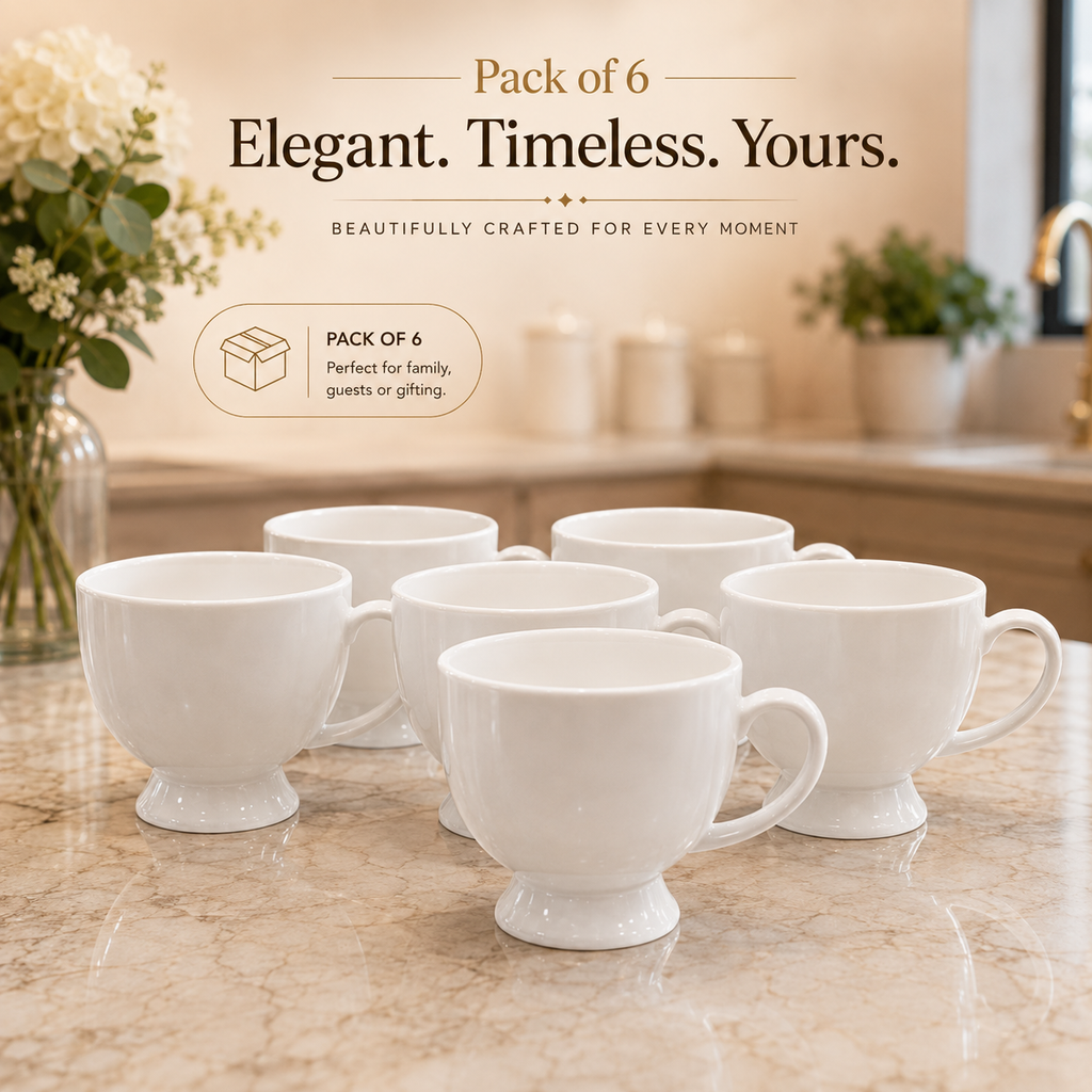 Elegant White Ceramic Pedestal Coffee Mugs – Set of 6
