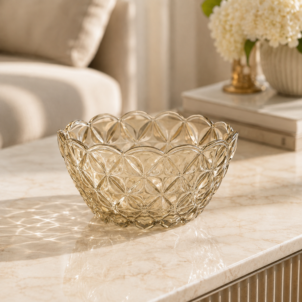 Amber Glass Decorative Bowl – Elegant Floral Serving Bowl