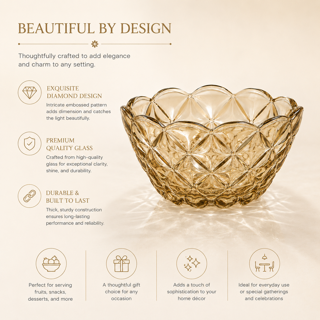 Amber Glass Decorative Bowl – Elegant Floral Serving Bowl