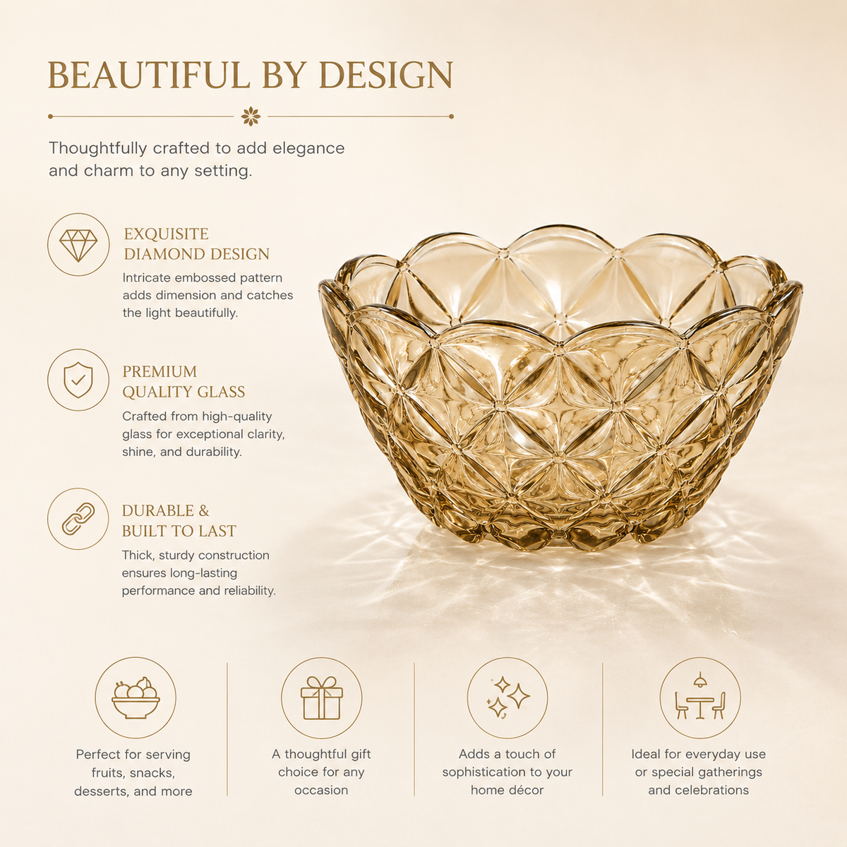 Amber Glass Decorative Bowl – Elegant Floral Serving Bowl