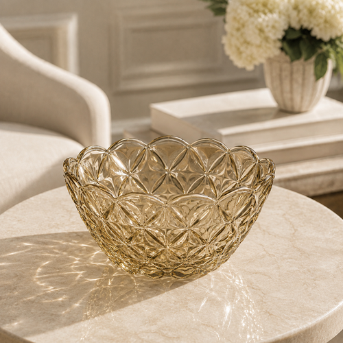 Amber Glass Decorative Bowl – Elegant Floral Serving Bowl