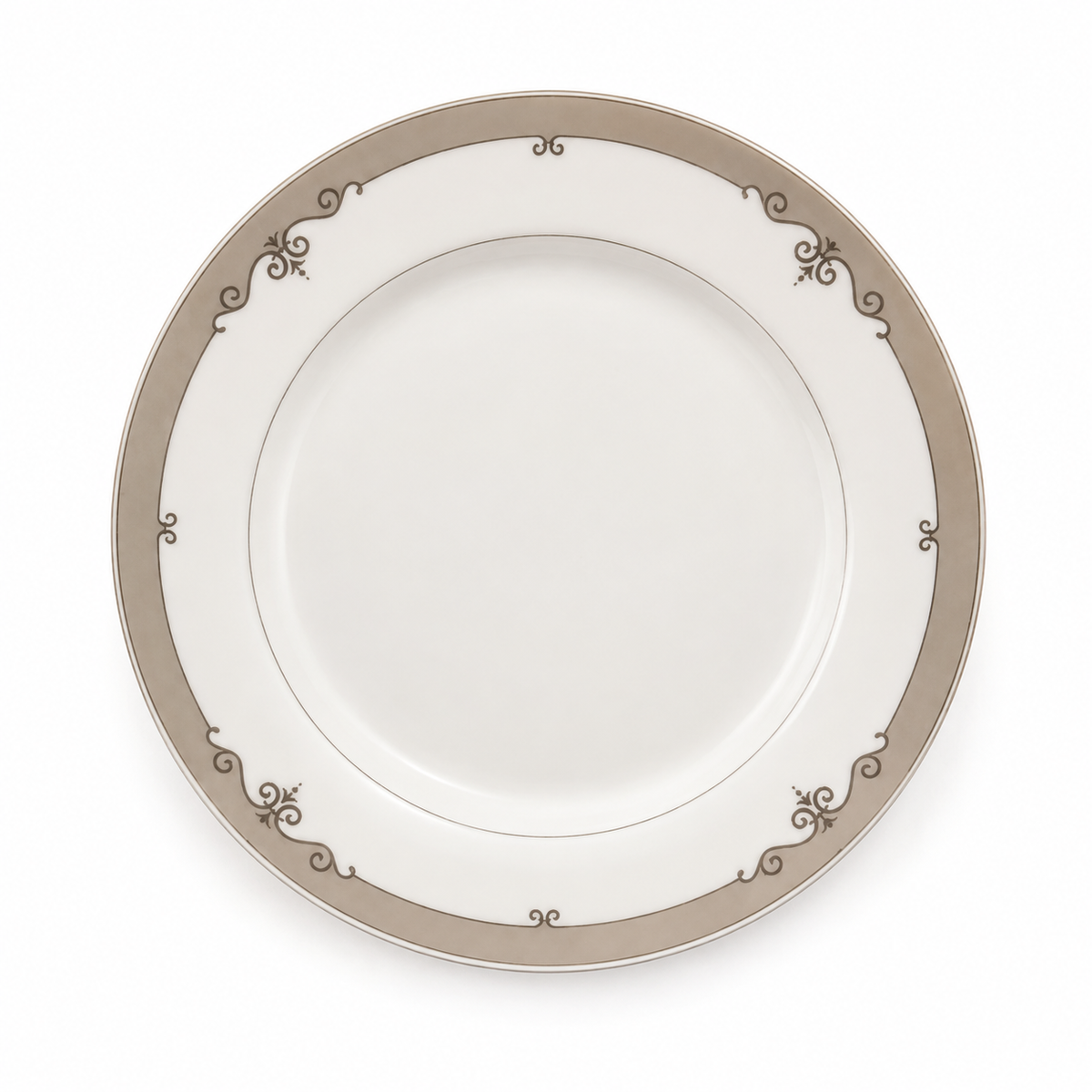 Elegant White Ceramic Dinner Plate with Gold Border Design