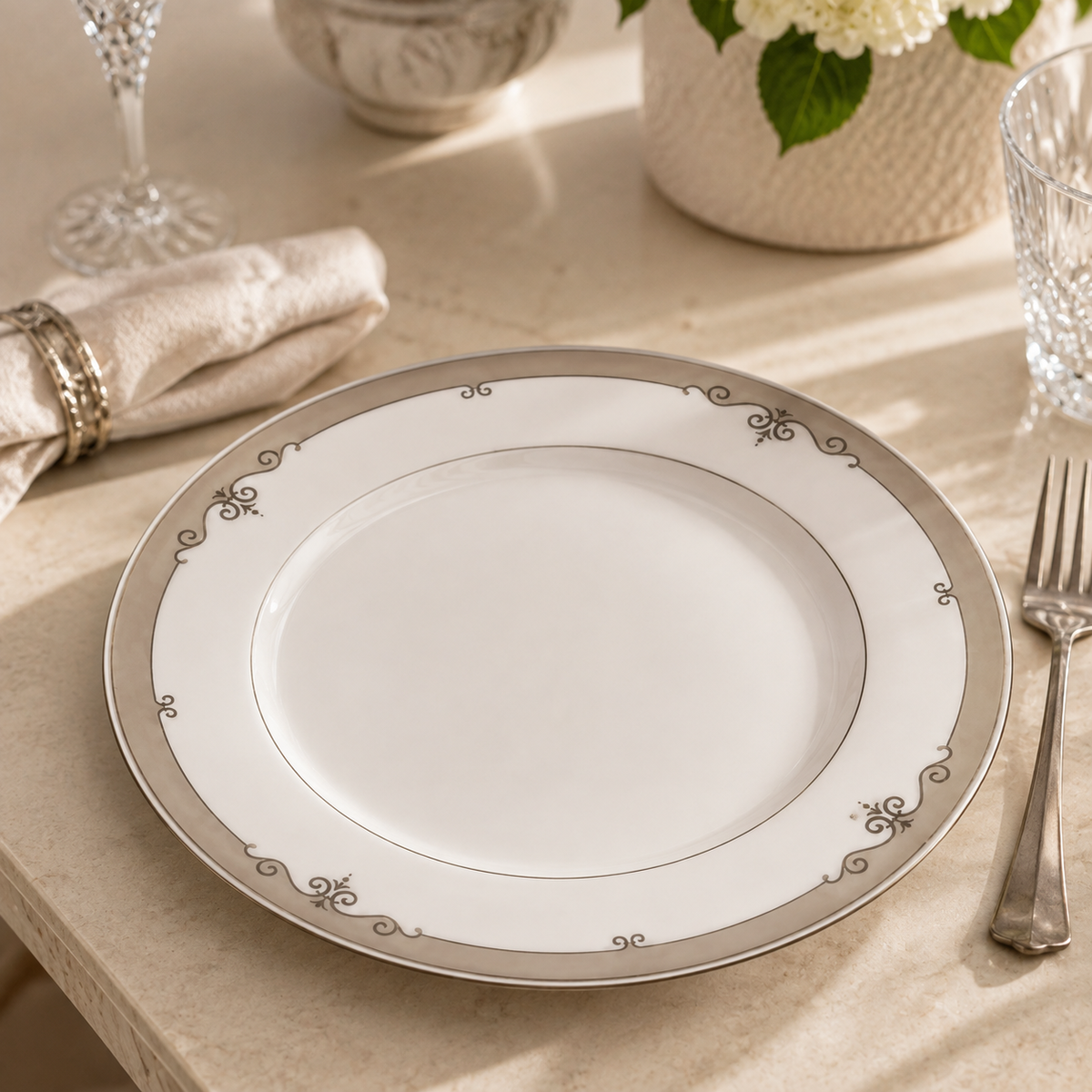 Elegant White Ceramic Dinner Plate with Gold Border Design