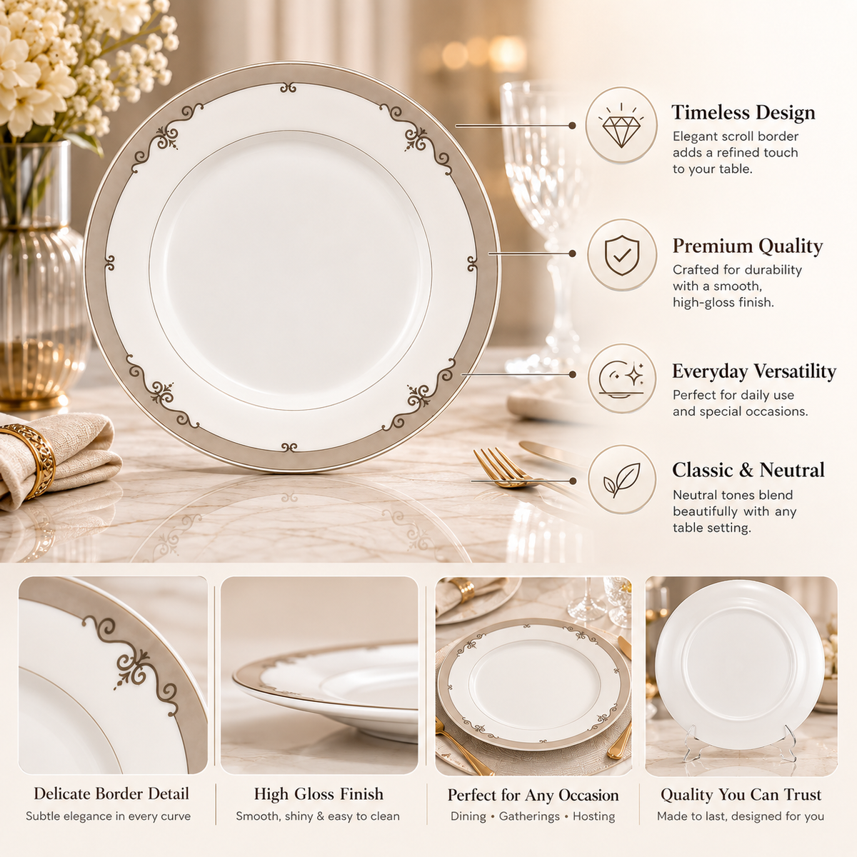 Elegant White Ceramic Dinner Plate with Gold Border Design