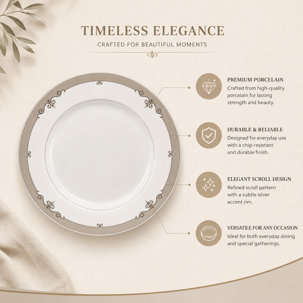 Elegant White Ceramic Dinner Plate with Gold Border Design
