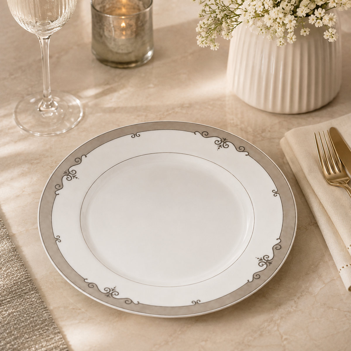 Elegant White Ceramic Dinner Plate with Gold Border Design