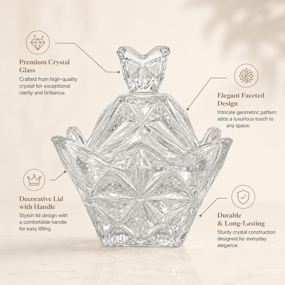 Clear Crystal Glass Decorative Bowl with Lid – Elegant Design