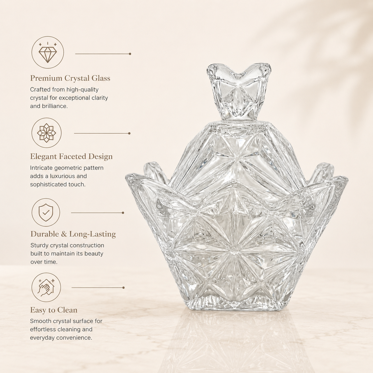 Clear Crystal Glass Decorative Bowl with Lid – Elegant Design