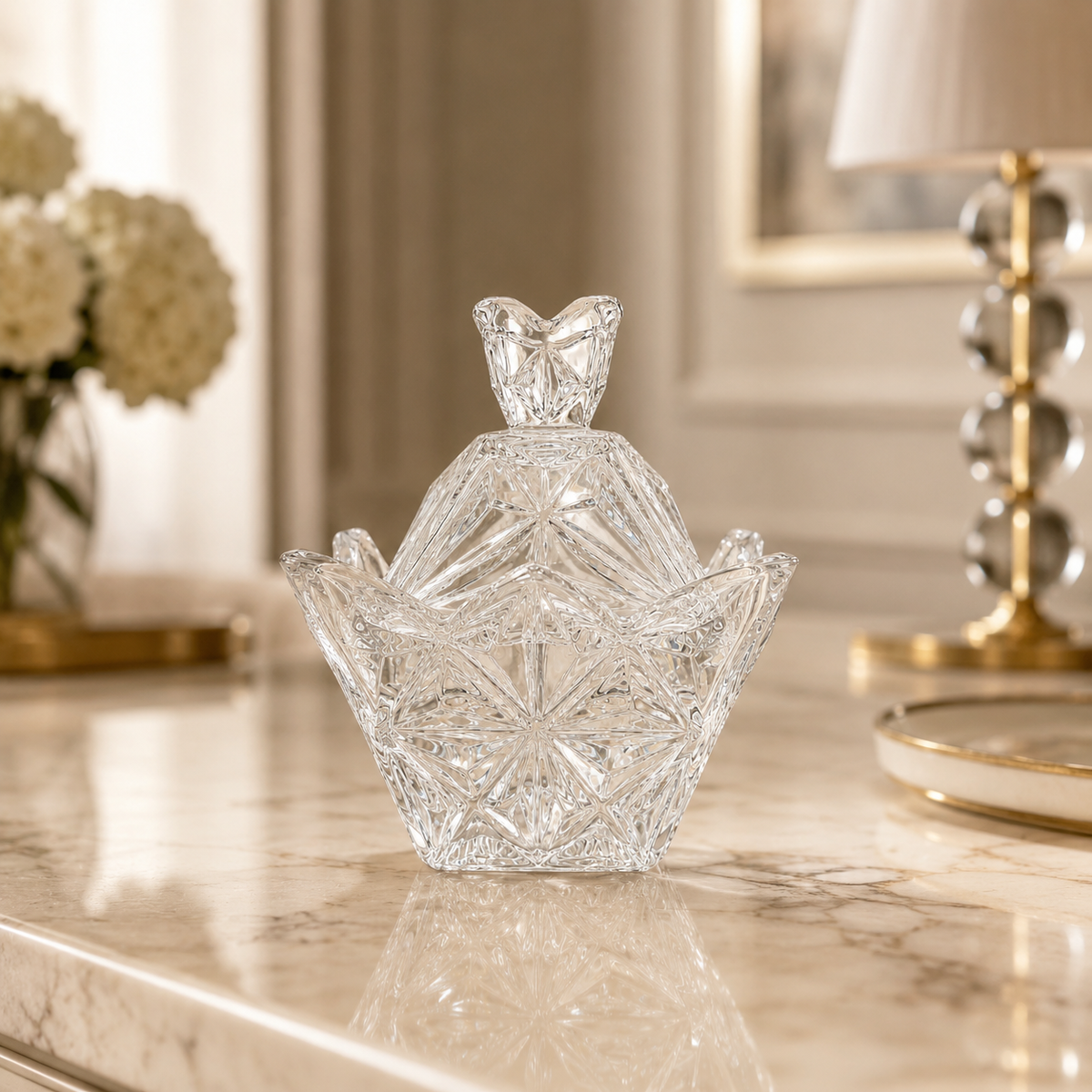 Clear Crystal Glass Decorative Bowl with Lid – Elegant Design