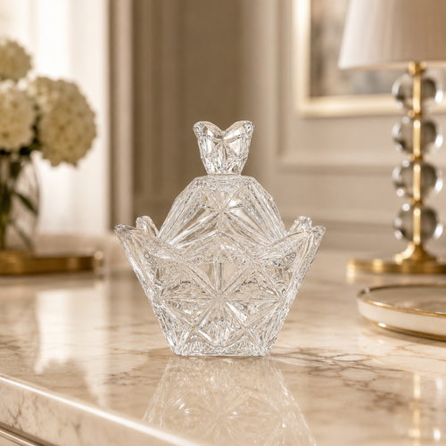 Clear Crystal Glass Decorative Bowl with Lid – Elegant Design