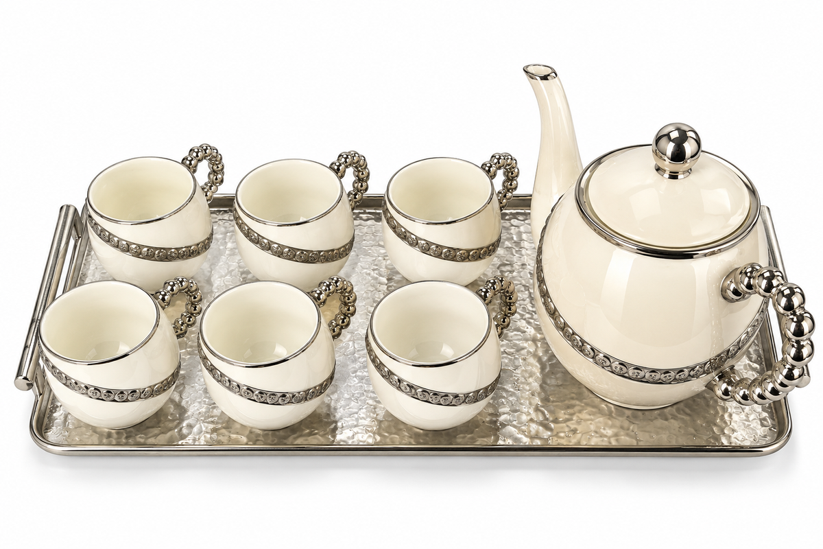 Luxury Porcelain Tea Set with Silver Detailing & Serving Tray