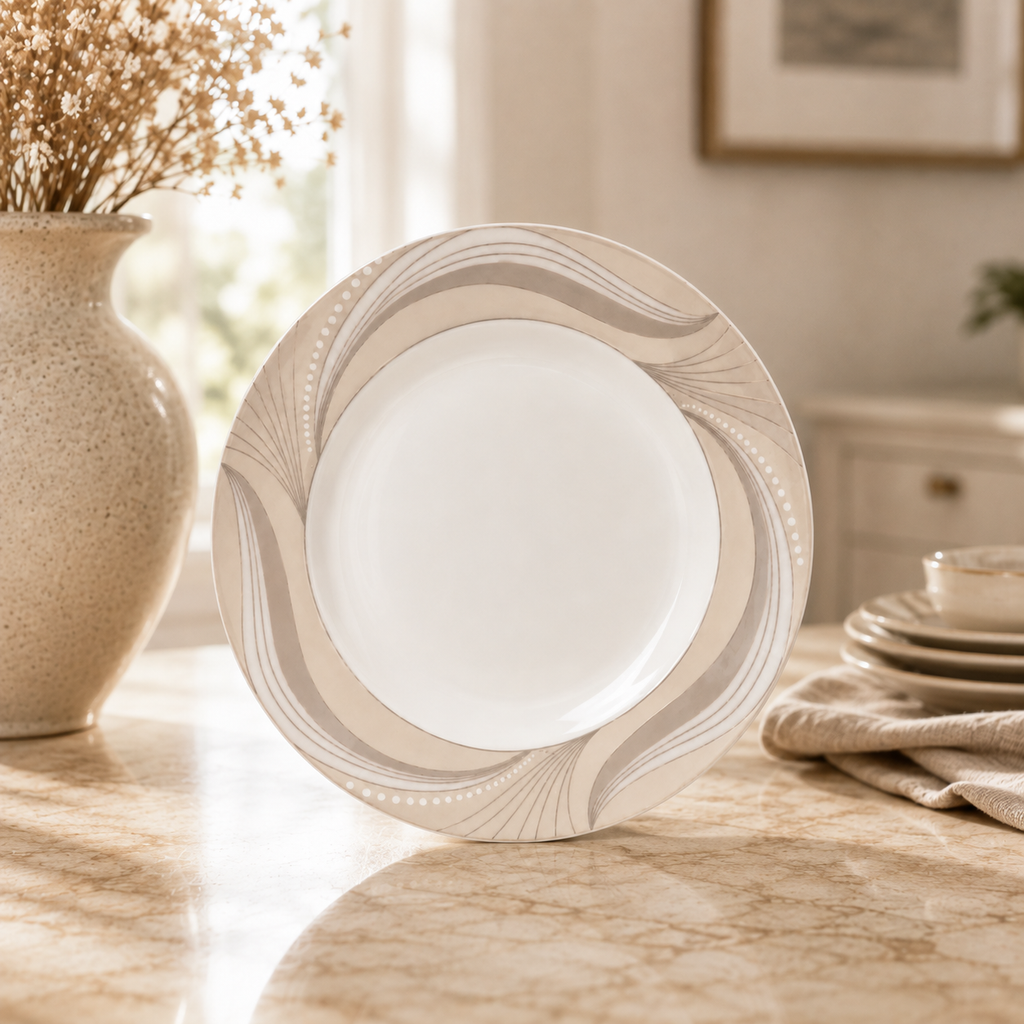 Elegant Ceramic Dinner Plate with Beige Wave Design