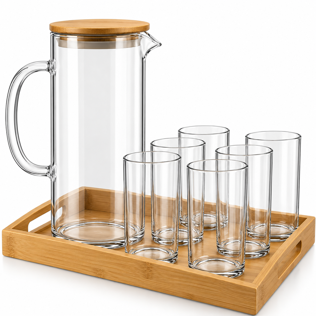 Luxury Glass Pitcher & Set with Bamboo Serving Tray