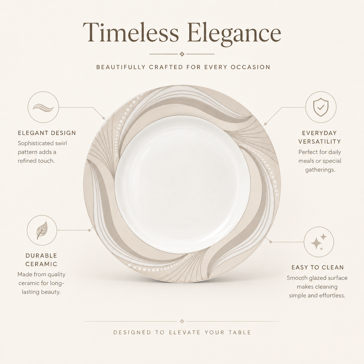 Elegant Ceramic Dinner Plate with Beige Wave Design