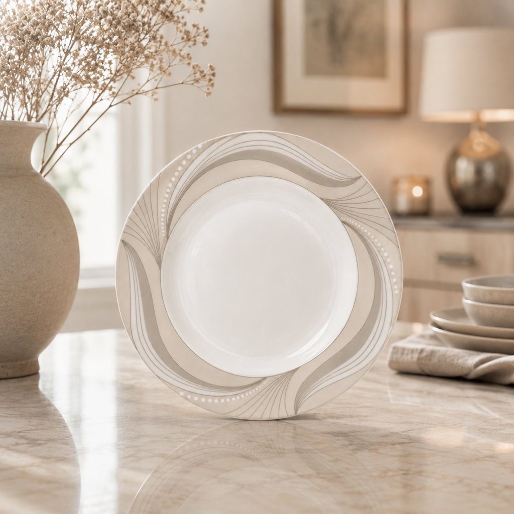 Elegant Ceramic Dinner Plate with Beige Wave Design