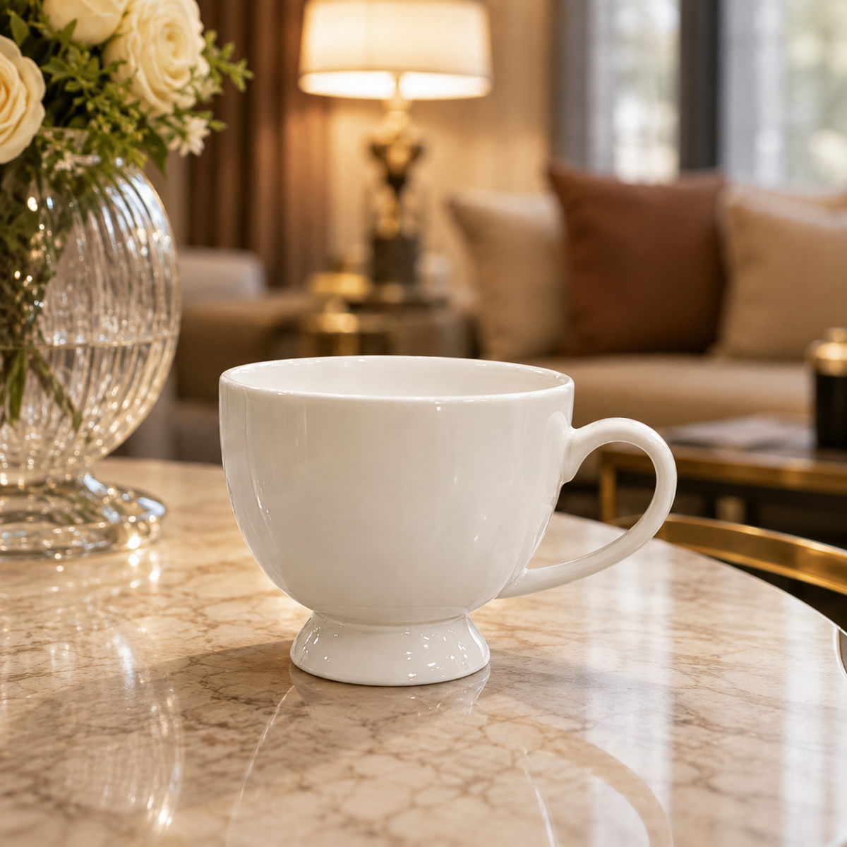 Elegant White Ceramic Pedestal Coffee Mugs – Set of 6
