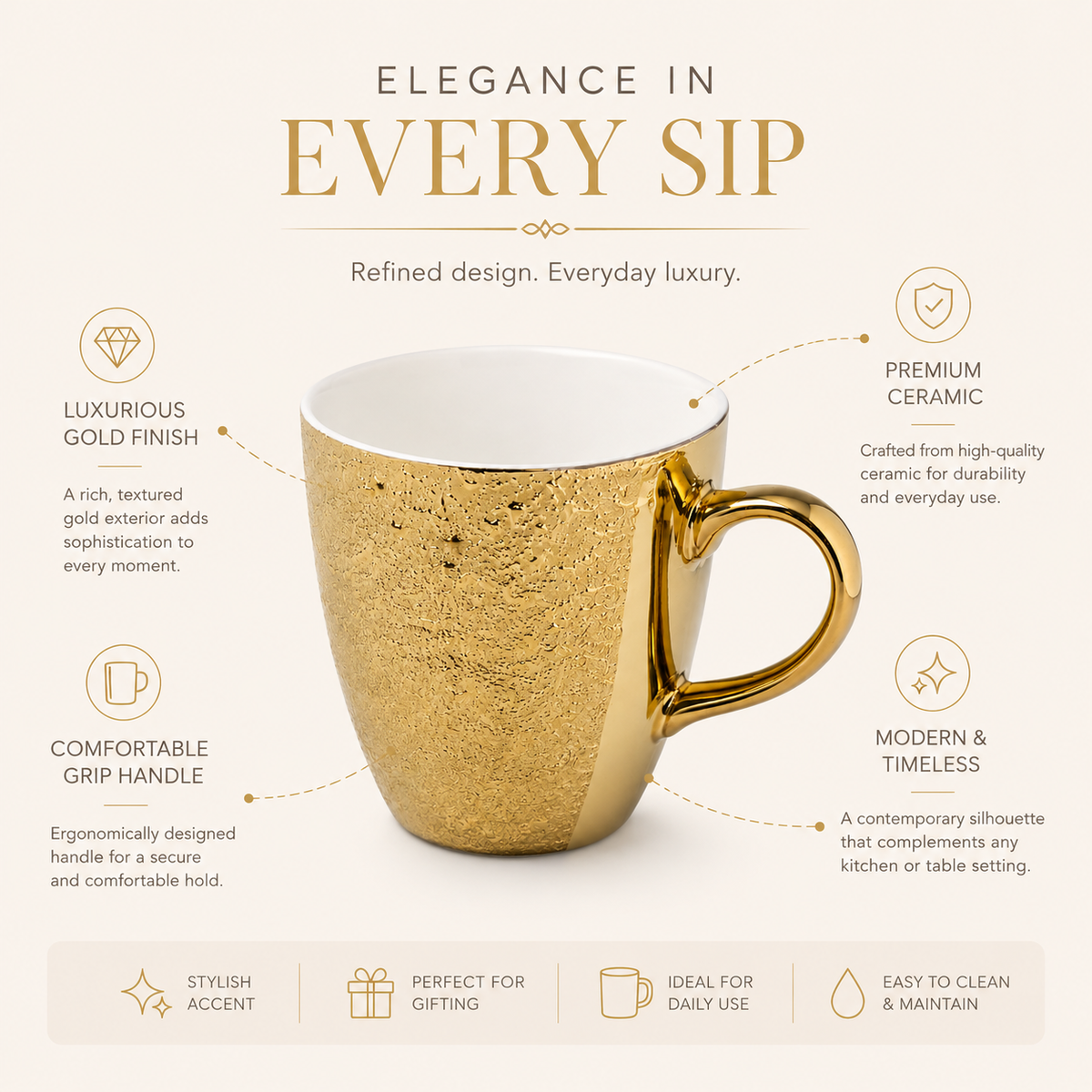 Gold Ceramic Coffee Mug with Metallic Finish – Elegant Tea Cup