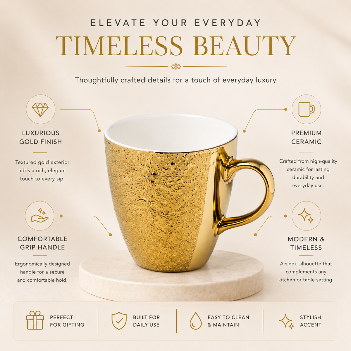Gold Ceramic Coffee Mug with Metallic Finish – Elegant Tea Cup