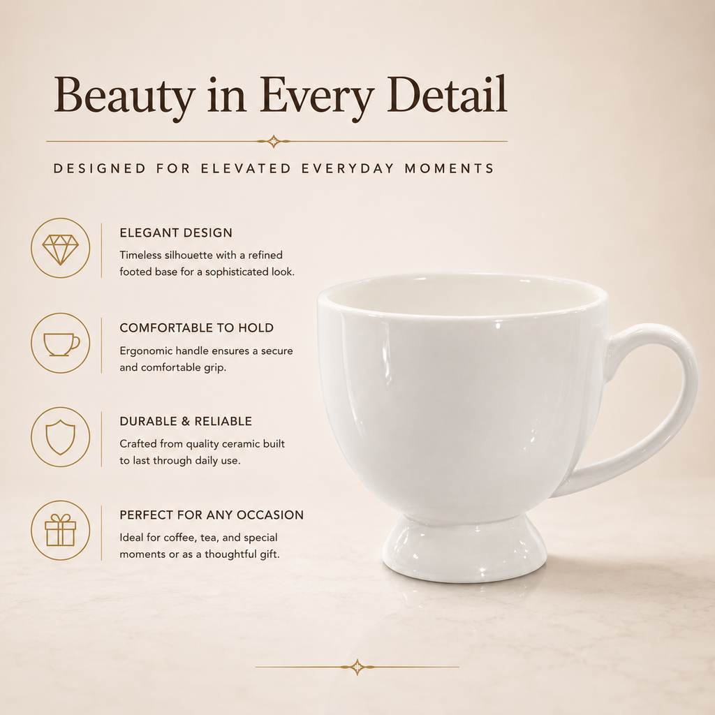 Elegant White Ceramic Pedestal Coffee Mugs – Set of 6