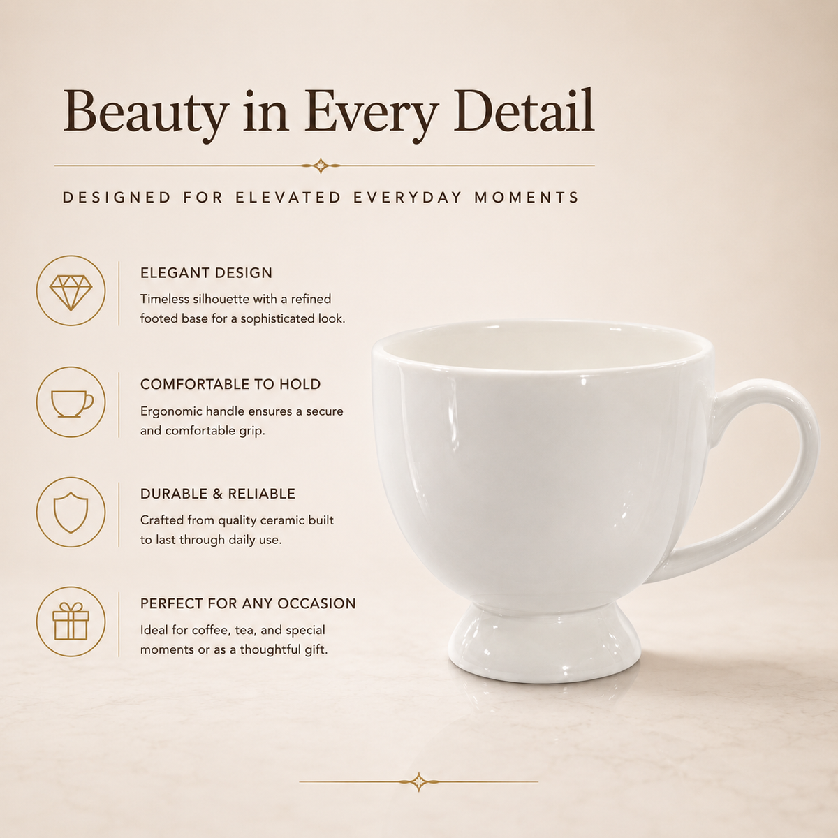 Elegant White Ceramic Pedestal Coffee Mugs – Set of 6
