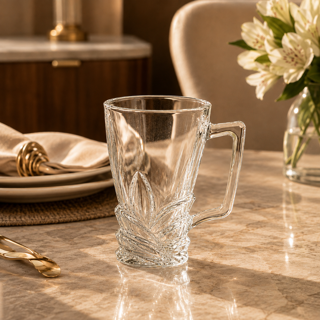 Elegant Crystal Glass Mug with Decorative Leaf Base