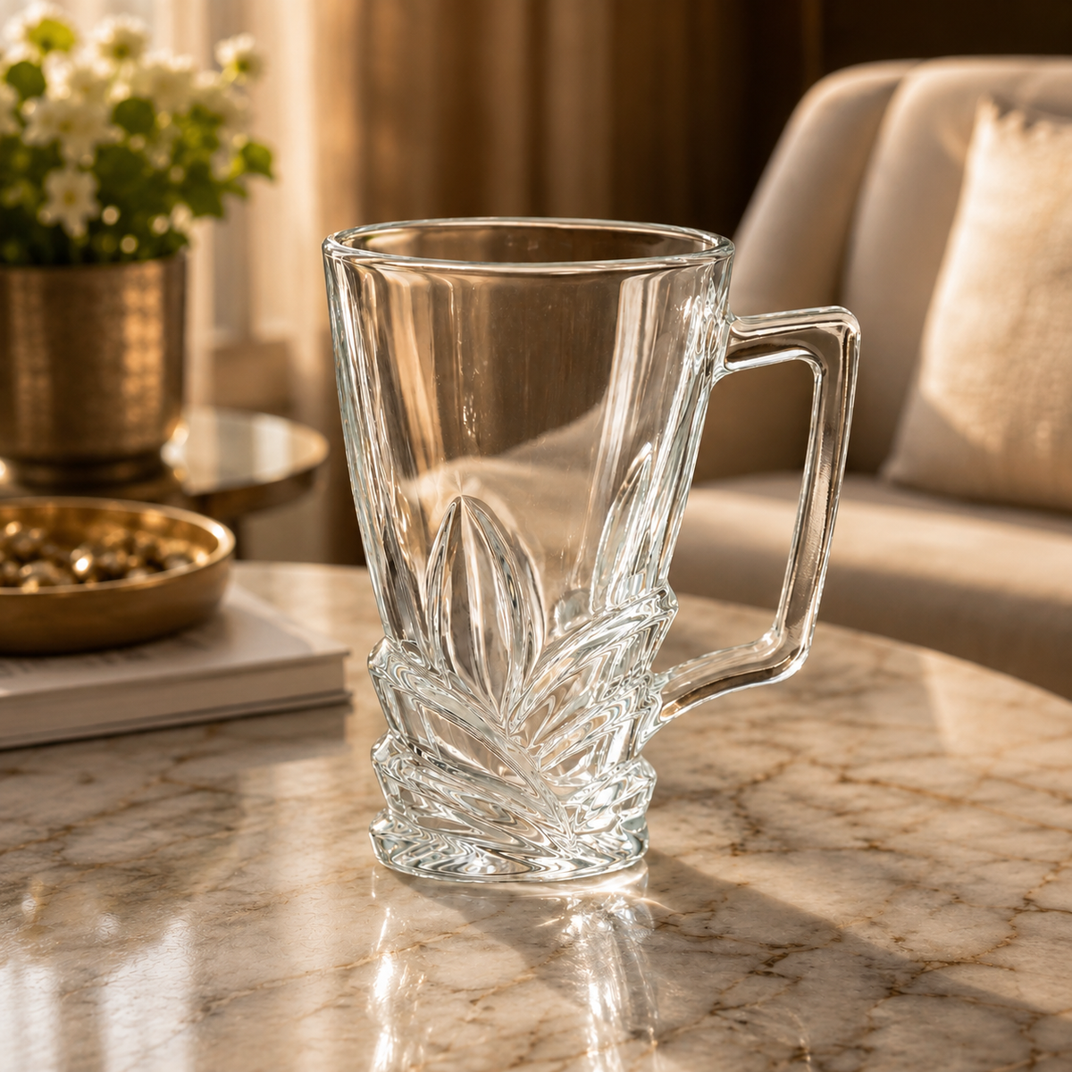 Elegant Crystal Glass Mug with Decorative Leaf Base