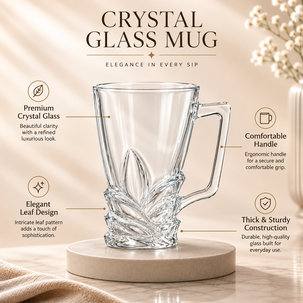 Elegant Crystal Glass Mug with Decorative Leaf Base