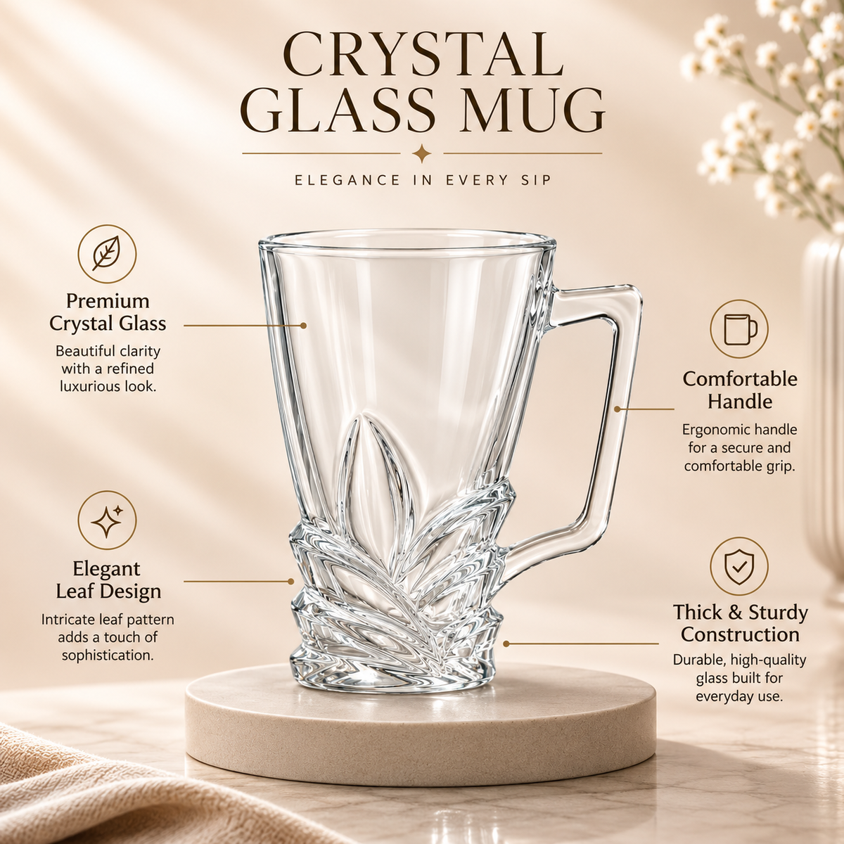 Elegant Crystal Glass Mug with Decorative Leaf Base